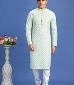 Green  embroidery cotton fabric with digital print straight kurta for men