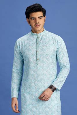 blue embroidery cotton fabric with digital print straight kurta churidar for men 3