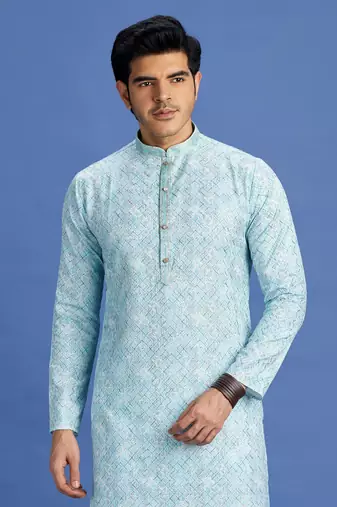 blue embroidery cotton fabric with digital print straight kurta churidar for men