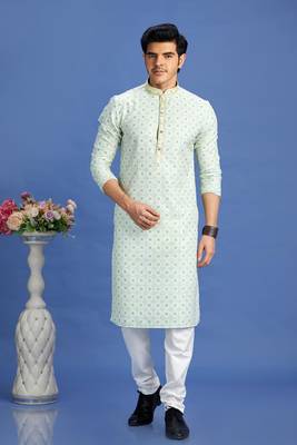 green  embroidery cotton fabric with digital print straight kurta churidar for men 2
