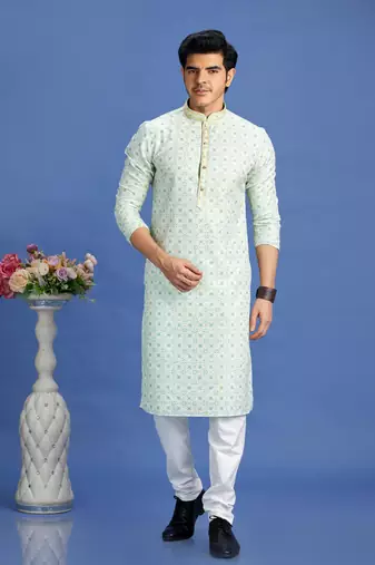 green  embroidery cotton fabric with digital print straight kurta churidar for men
