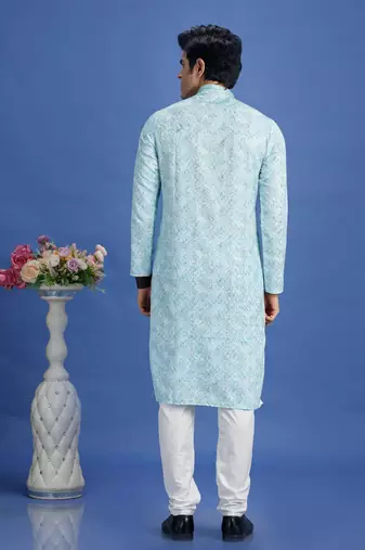 blue embroidery cotton fabric with digital print straight kurta churidar for men