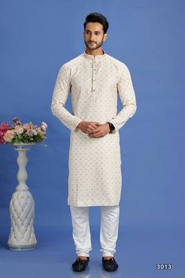 beige/yellow  embroidery cotton fabric with digital print straight kurta churidar for men 1