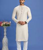 Beige/yellow  embroidery cotton fabric with digital print straight kurta for men