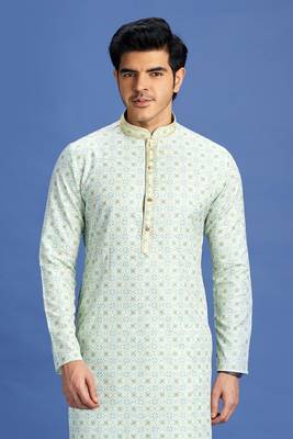 green  embroidery cotton fabric with digital print straight kurta churidar for men 3
