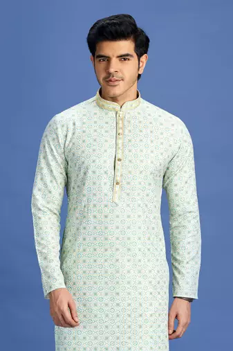 green  embroidery cotton fabric with digital print straight kurta churidar for men