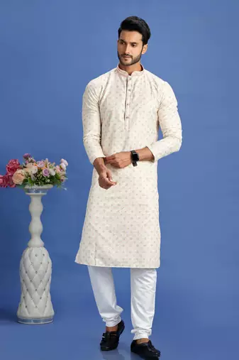 beige/yellow  embroidery cotton fabric with digital print straight kurta churidar for men