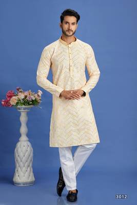 yellow  embroidery cotton fabric with digital print straight kurta pajama for men 1