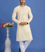 yellow  embroidery cotton fabric with digital print straight kurta pajama for men