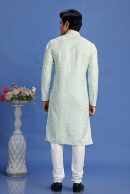 green  embroidery cotton fabric with digital print straight kurta churidar for men 4