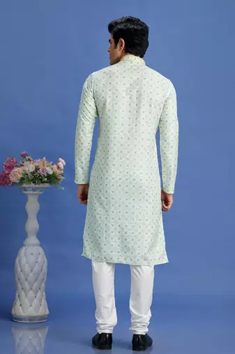 green  embroidery cotton fabric with digital print straight kurta churidar for men
