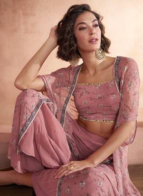 Onion pink sequins embroidery crop top cape style palazzo suit 4