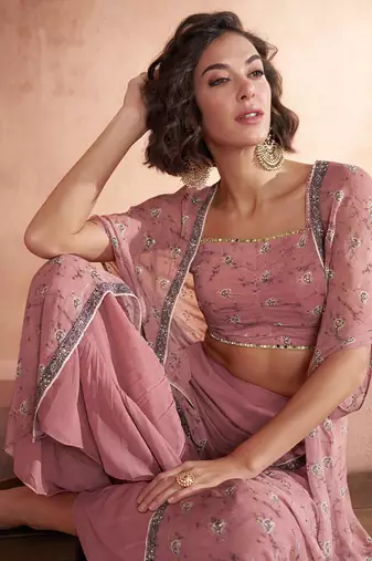 Onion pink sequins embroidery crop top cape style palazzo suit