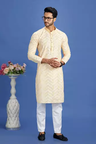 yellow  embroidery cotton fabric with digital print straight kurta pajama for men