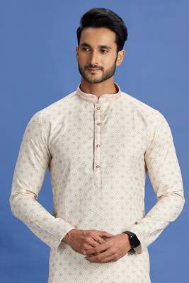 beige/yellow  embroidery cotton fabric with digital print straight kurta churidar for men 3