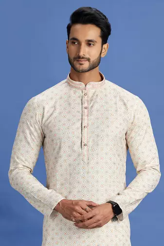 beige/yellow  embroidery cotton fabric with digital print straight kurta churidar for men