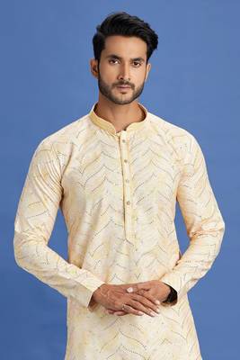 yellow  embroidery cotton fabric with digital print straight kurta pajama for men 3