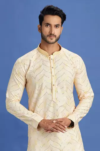yellow  embroidery cotton fabric with digital print straight kurta pajama for men