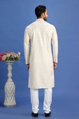 beige/yellow  embroidery cotton fabric with digital print straight kurta churidar for men 4