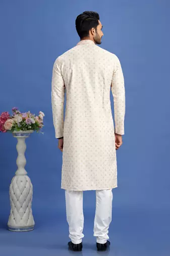 beige/yellow  embroidery cotton fabric with digital print straight kurta churidar for men