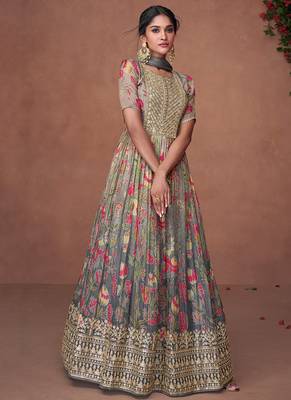 Grey embroidery printed organza silk flared anarkali gown with dupatta 1