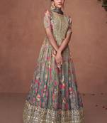 Grey embroidery printed organza silk flared anarkali gown with dupatta