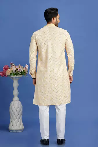 yellow  embroidery cotton fabric with digital print straight kurta pajama for men