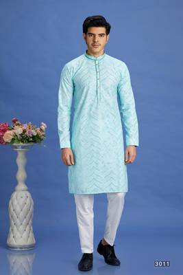 light teal green  embroidery cotton fabric with digital print straight kurta pajama for men 1