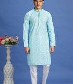 Light teal green  embroidery cotton fabric with digital print straight kurta for men