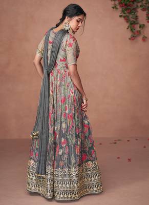 Grey embroidery printed organza silk flared anarkali gown with dupatta 2