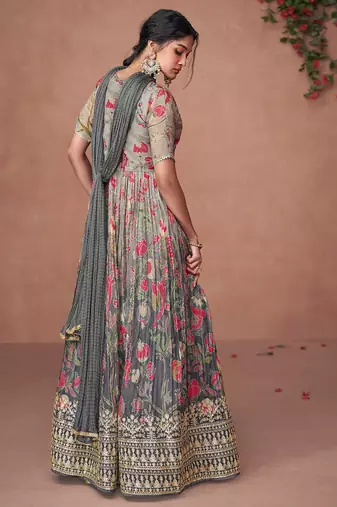 Grey embroidery printed organza silk flared anarkali gown with dupatta