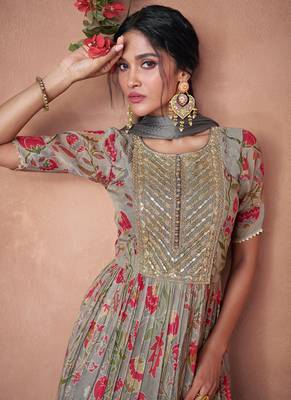 Grey embroidery printed organza silk flared anarkali gown with dupatta 3