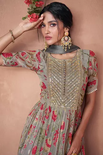 Grey embroidery printed organza silk flared anarkali gown with dupatta