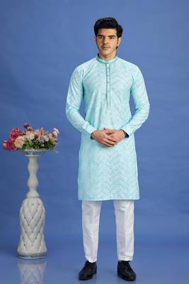 light teal green  embroidery cotton fabric with digital print straight kurta pajama for men 2