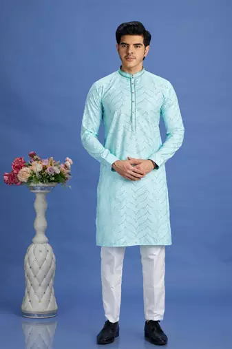 light teal green  embroidery cotton fabric with digital print straight kurta pajama for men