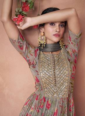 Grey embroidery printed organza silk flared anarkali gown with dupatta 4