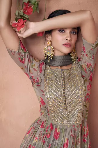 Grey embroidery printed organza silk flared anarkali gown with dupatta