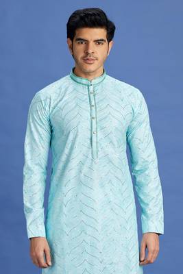 light teal green  embroidery cotton fabric with digital print straight kurta pajama for men 3