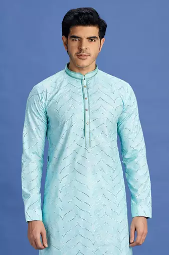 light teal green  embroidery cotton fabric with digital print straight kurta pajama for men