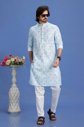Blue embroidery cotton fabric with digital print straight kurta for men