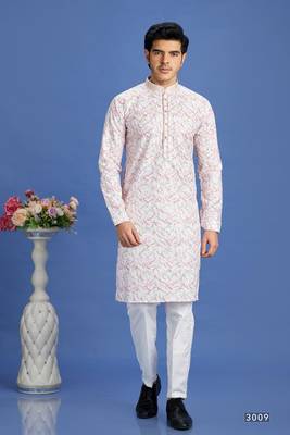 pink  embroidery cotton fabric with digital print straight kurta pajama for men 1