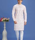 pink  embroidery cotton fabric with digital print straight kurta pajama for men