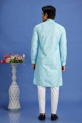light teal green  embroidery cotton fabric with digital print straight kurta pajama for men 4