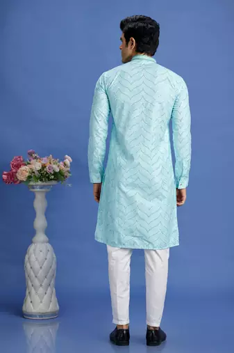 light teal green  embroidery cotton fabric with digital print straight kurta pajama for men