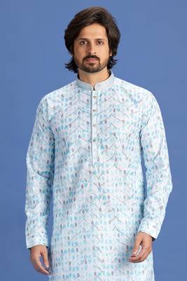 blue embroidery cotton fabric with digital print straight kurta pajama for men 2