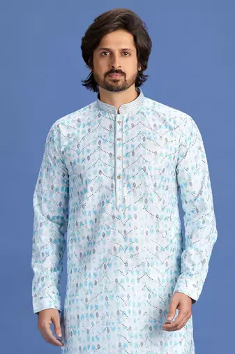 blue embroidery cotton fabric with digital print straight kurta pajama for men