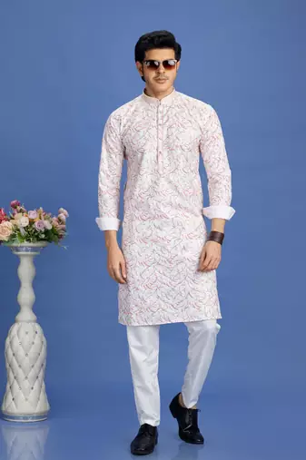 pink  embroidery cotton fabric with digital print straight kurta pajama for men