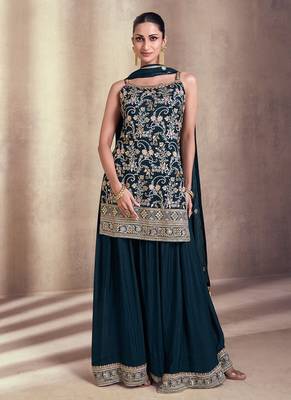 Teal embroidery chinnon silk zari thread work sharara suit with dupatta 1