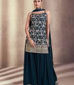 Teal embroidery chinnon silk zari thread work sharara suit with dupatta