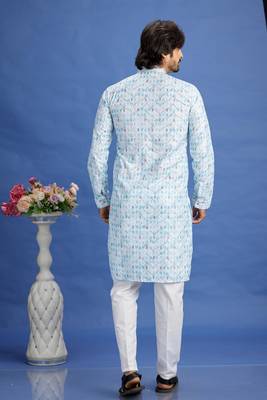blue embroidery cotton fabric with digital print straight kurta pajama for men 3